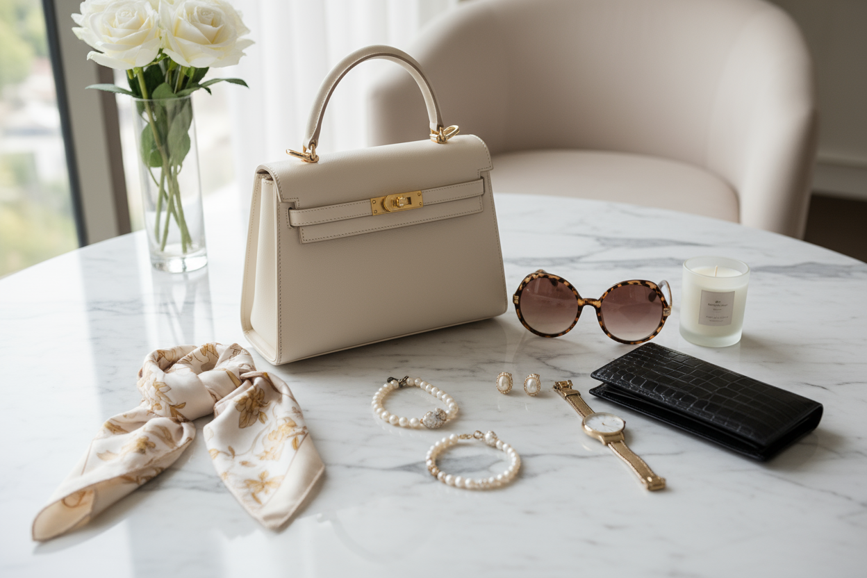 „Eleganckie akcesoria damskie: torebka, okulary i biżuteria na stole”