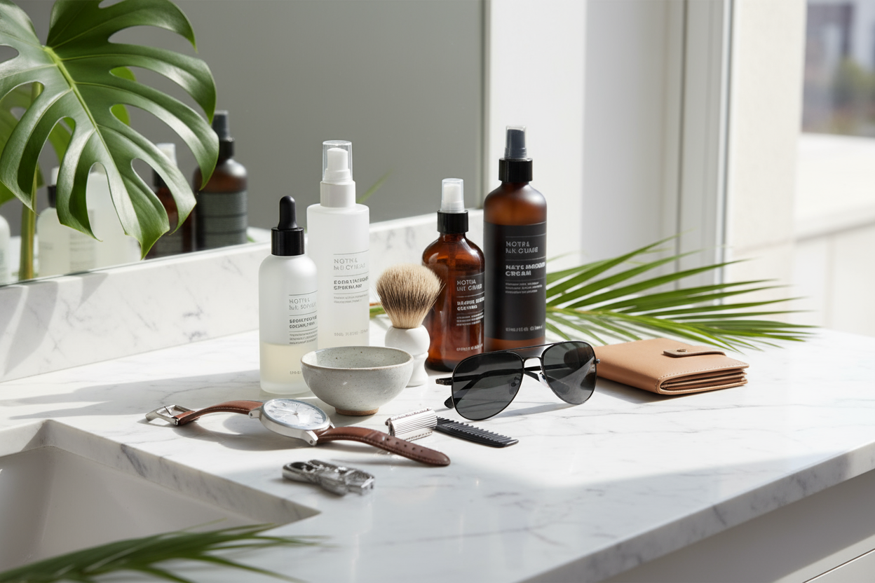 „Eleganckie kosmetyki i akcesoria do pielęgnacji ustawione na białym stole”