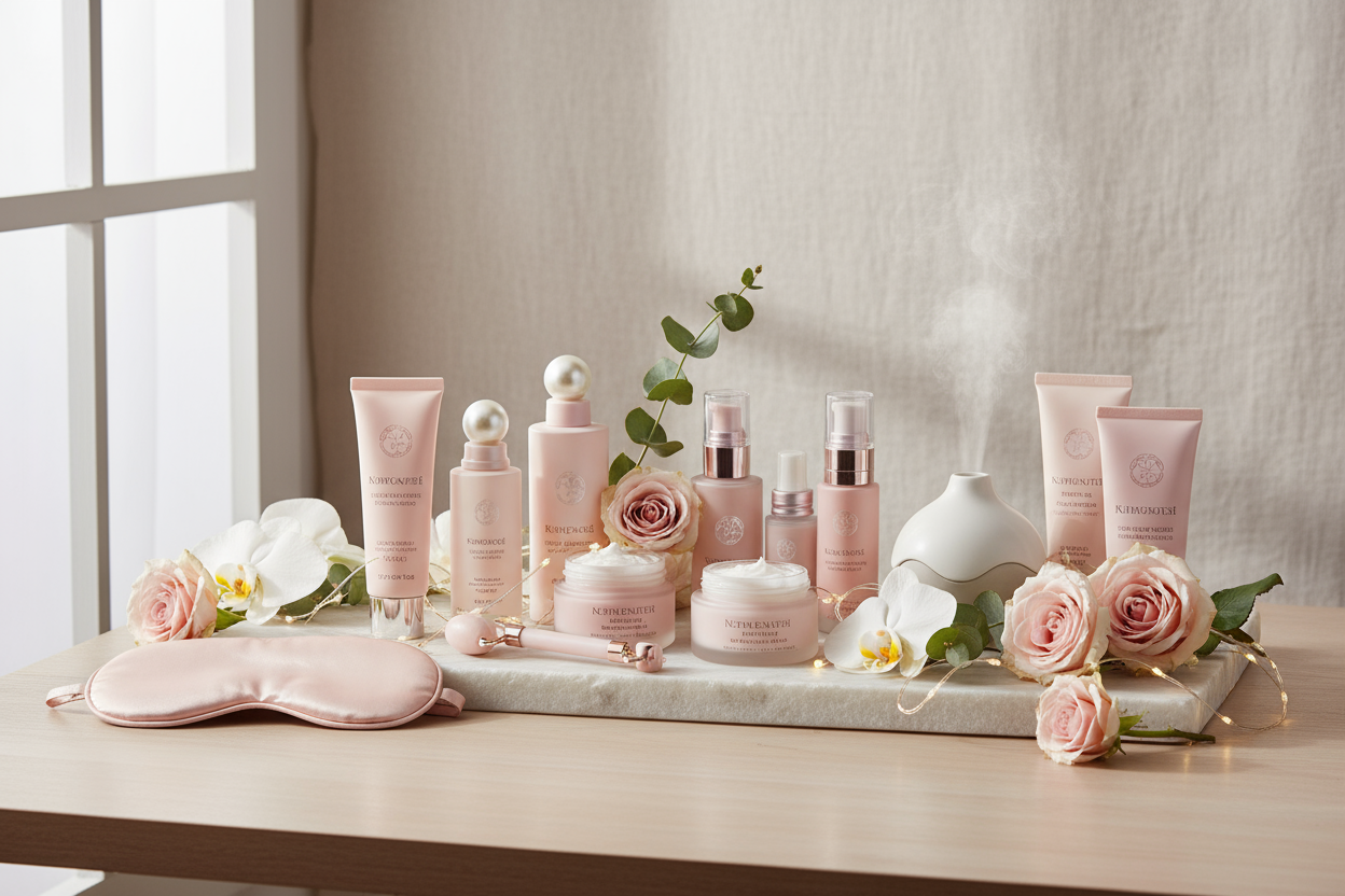 „Zestaw kosmetyków i akcesoriów do pielęgnacji ustawiony na tacy z różami”