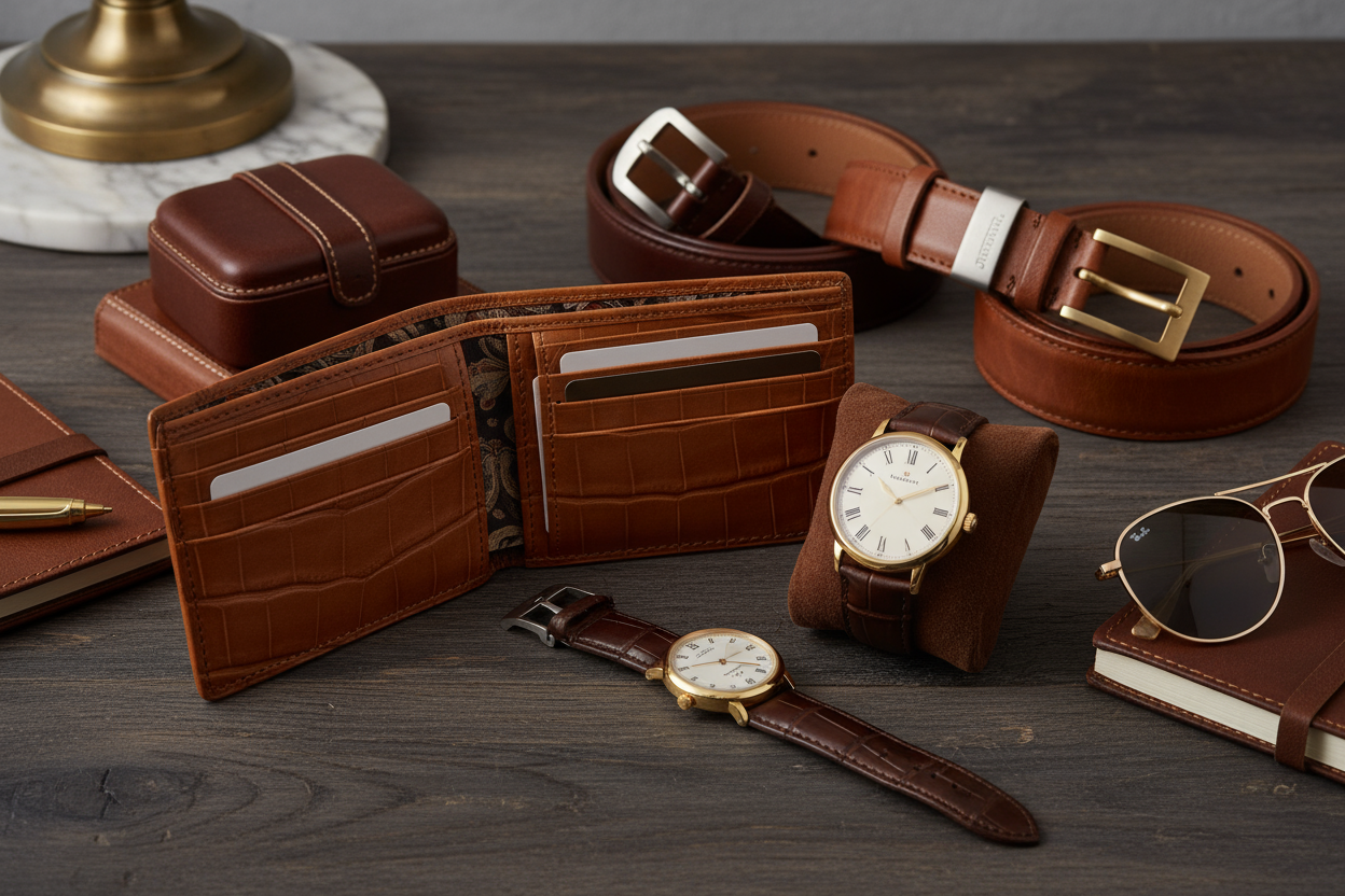 „Eleganckie skórzane akcesoria – portfele, paski i etui na zegarki”