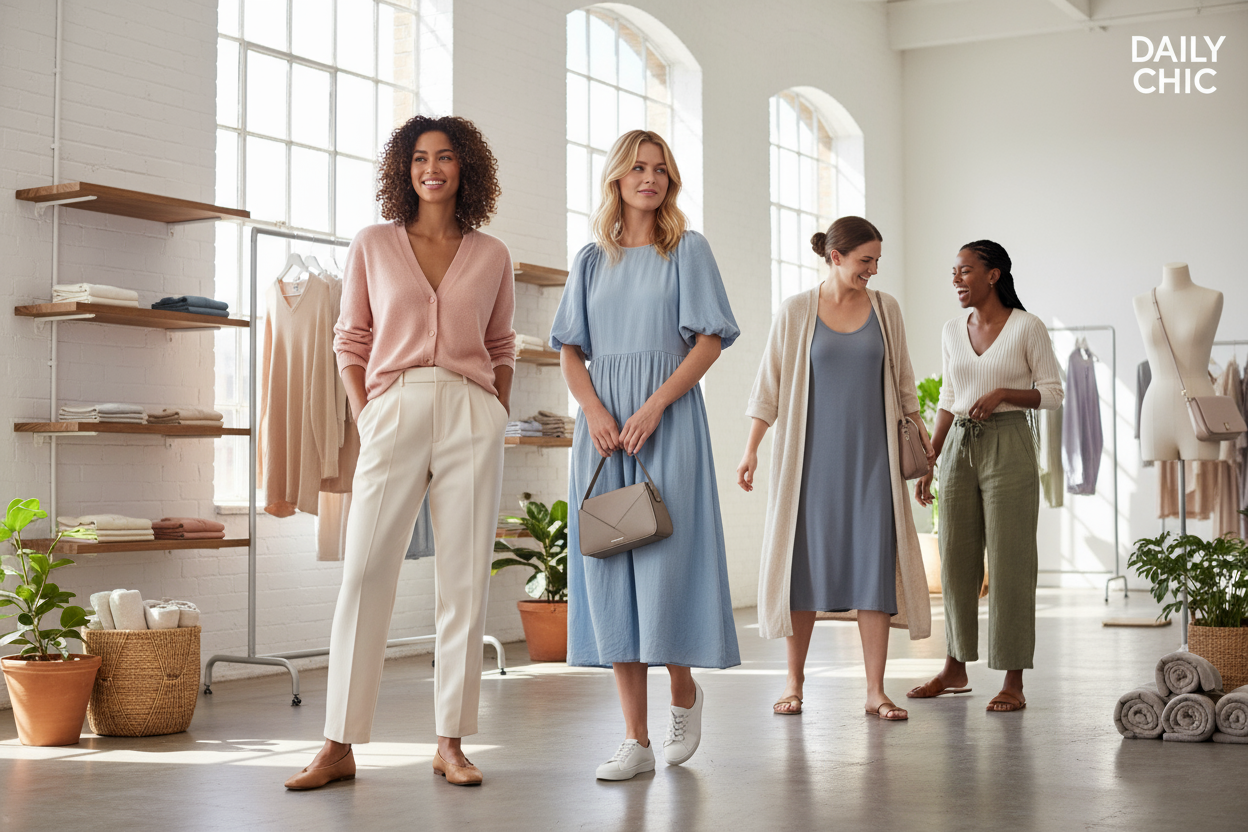 „Kobiety w eleganckich stylizacjach w jasnym wnętrzu”