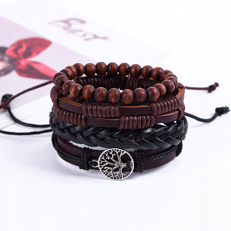 Zestaw 4 Męskich Bransoletek Vintage – Ręcznie Wykonane, Eco-Skóra, Regulowane | Model JU04, Brązowe