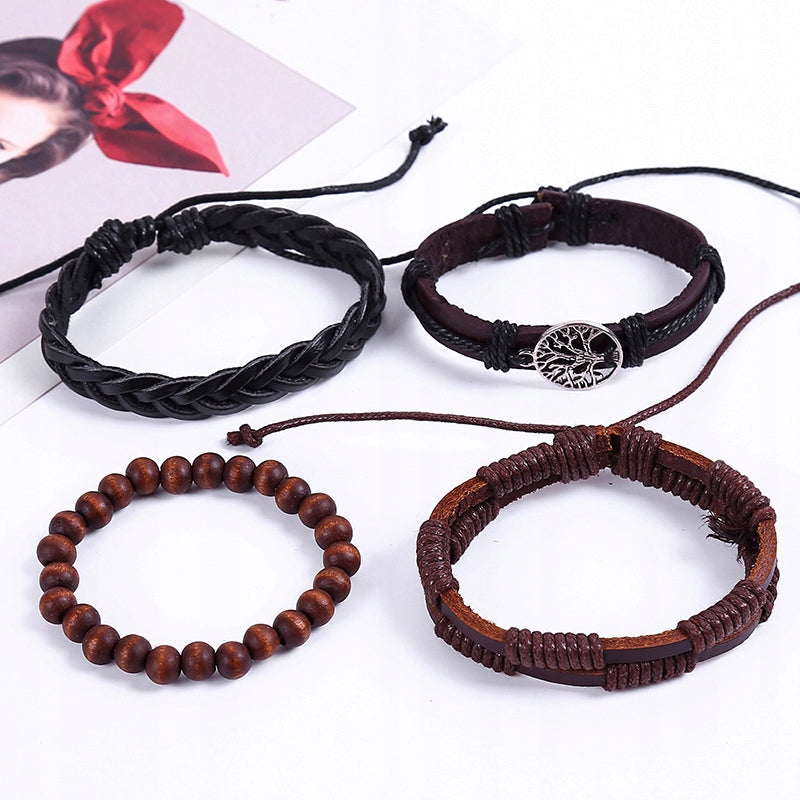 Zestaw 4 Męskich Bransoletek Vintage – Ręcznie Wykonane, Eco-Skóra, Regulowane | Model JU04, Brązowe