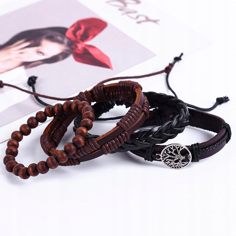 Zestaw 4 Męskich Bransoletek Vintage – Ręcznie Wykonane, Eco-Skóra, Regulowane | Model JU04, Brązowe