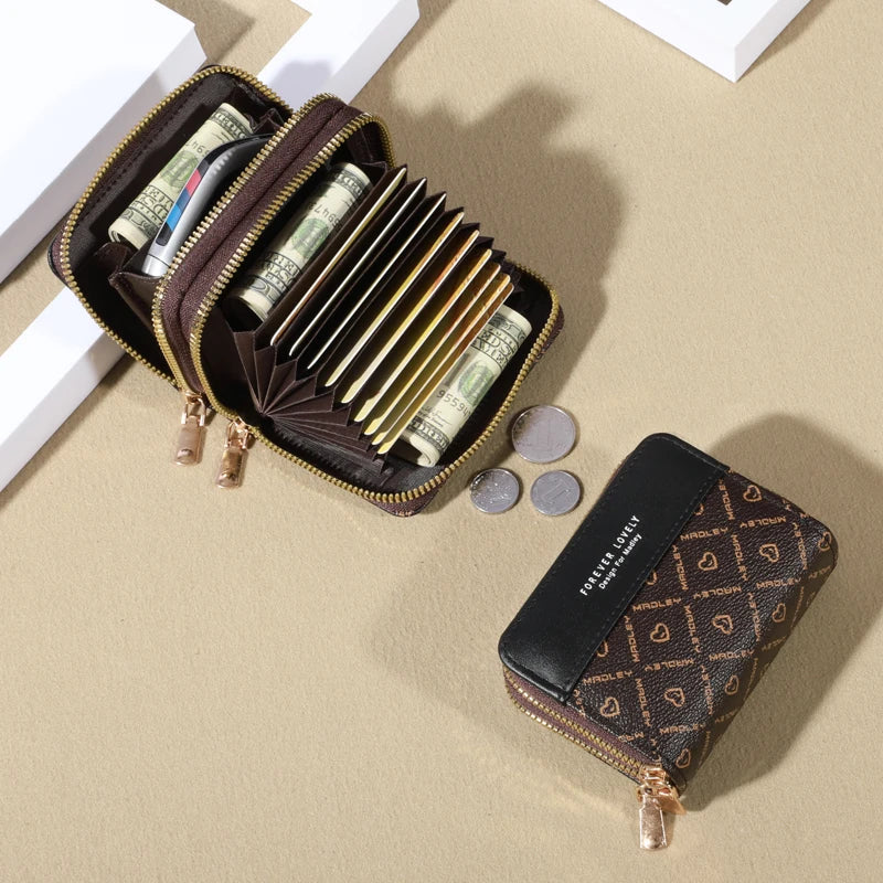 Mini portfel damski RFID – skóra PU, podwójny zamek, wiele przegródek