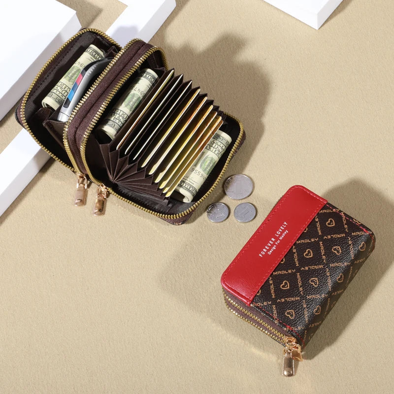 Mini portfel damski RFID – skóra PU, podwójny zamek, wiele przegródek