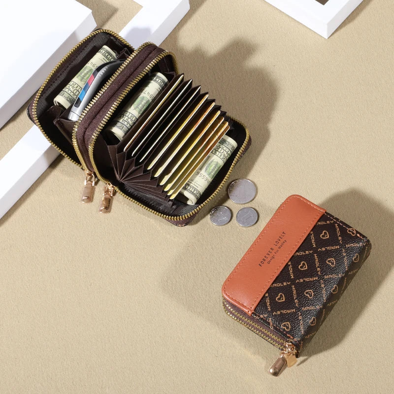 Mini portfel damski RFID – skóra PU, podwójny zamek, wiele przegródek