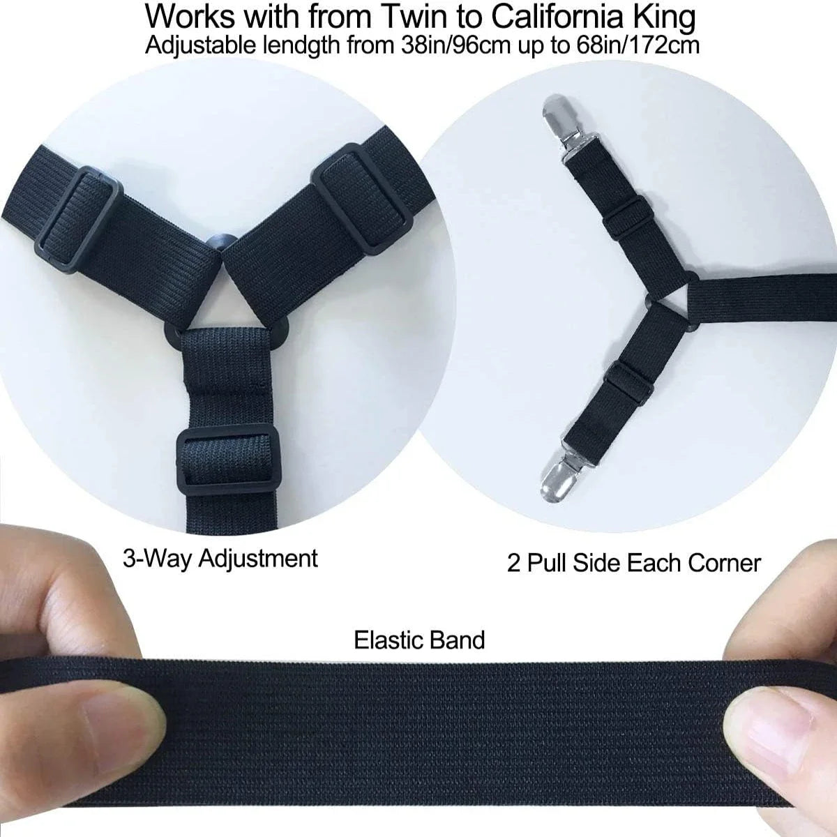Regulowane Elastyczne Pasy do Prześcieradeł – 2-Częściowy Zestaw Klipsów Mocujących, 100% Poliester, Białe