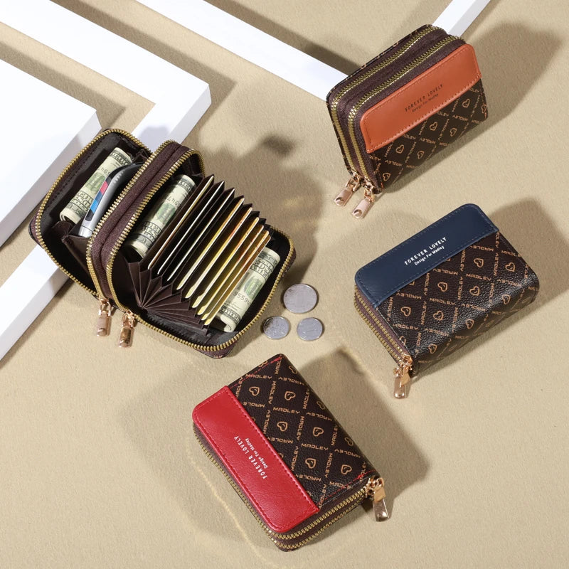 Mini portfel damski RFID – skóra PU, podwójny zamek, wiele przegródek