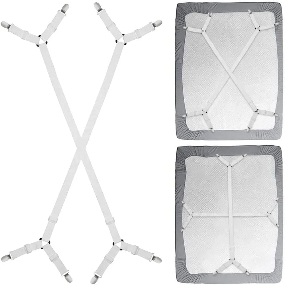 Regulowane Elastyczne Pasy do Prześcieradeł – 2-Częściowy Zestaw Klipsów Mocujących, 100% Poliester, Białe