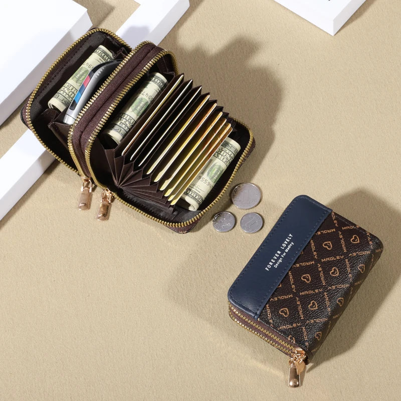 Mini portfel damski RFID – skóra PU, podwójny zamek, wiele przegródek