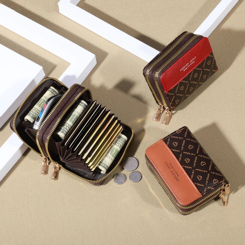 Mini portfel damski RFID – skóra PU, podwójny zamek, wiele przegródek